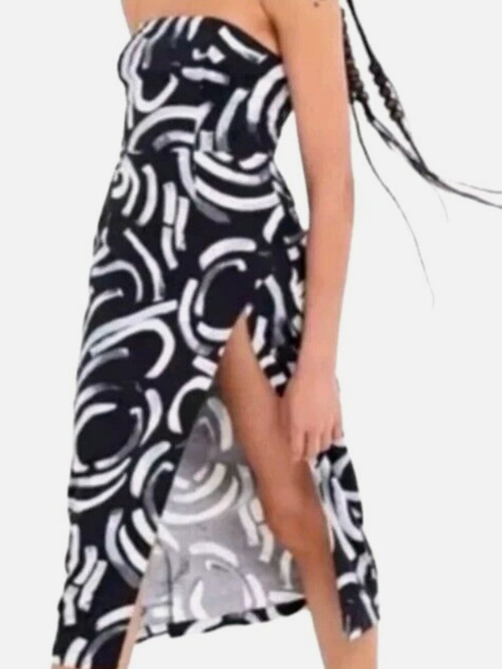 Urban Outfitters Strapless Midi Dress Blk/Wht Geometric Design Linen Sz S